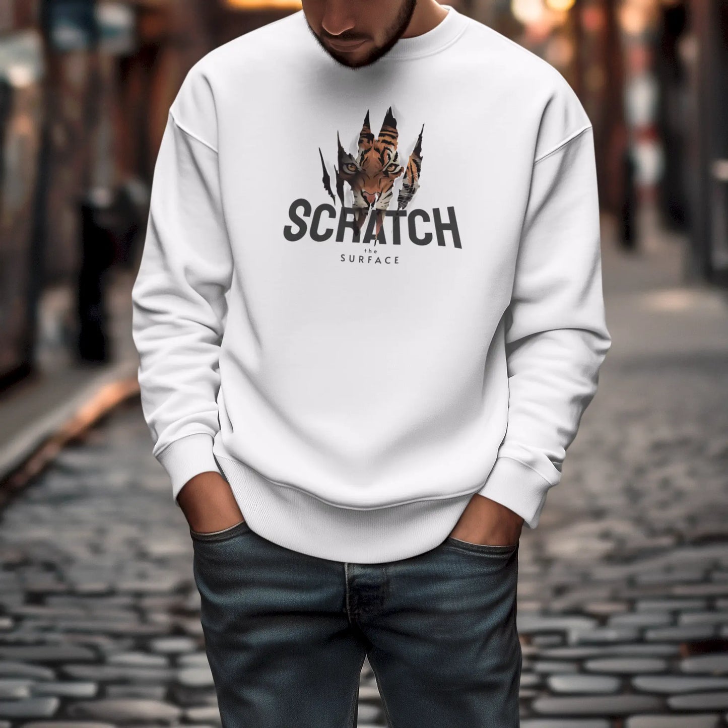 White sweatshirt without a hood with a clean Scratch the surface concept design. — Λευκή μπλούζα φούτερ χωρίς κουκούλα με ένα καθαρό concept σχέδιο Scratch the surface