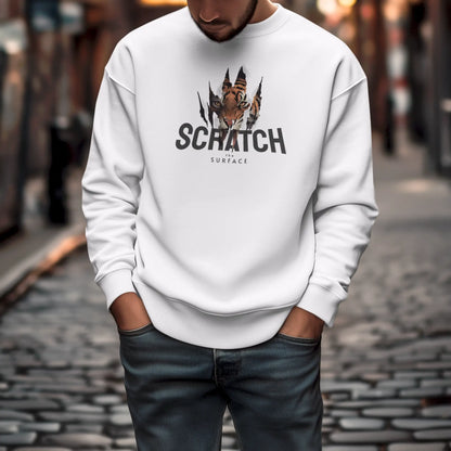 White sweatshirt without a hood with a clean Scratch the surface concept design. — Λευκή μπλούζα φούτερ χωρίς κουκούλα με ένα καθαρό concept σχέδιο Scratch the surface