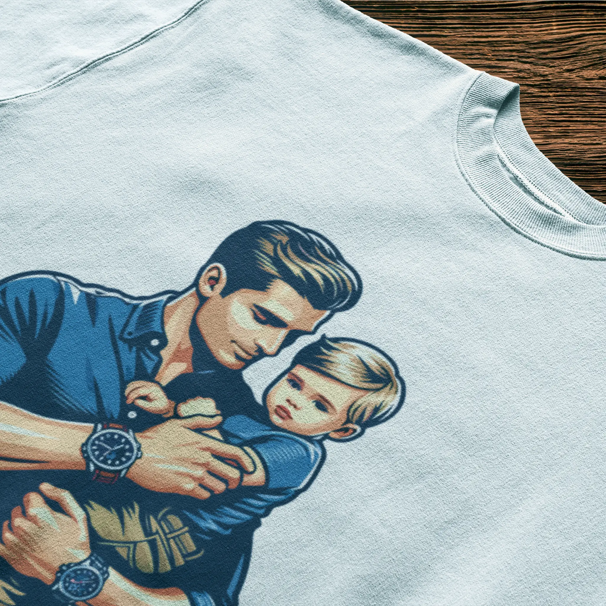 White t-shirt design with father-son bond and symbolic watch – Λευκό μπλουζάκι με σχέδιο δεσμού πατέρα-γιου και συμβολικό ρολόι.