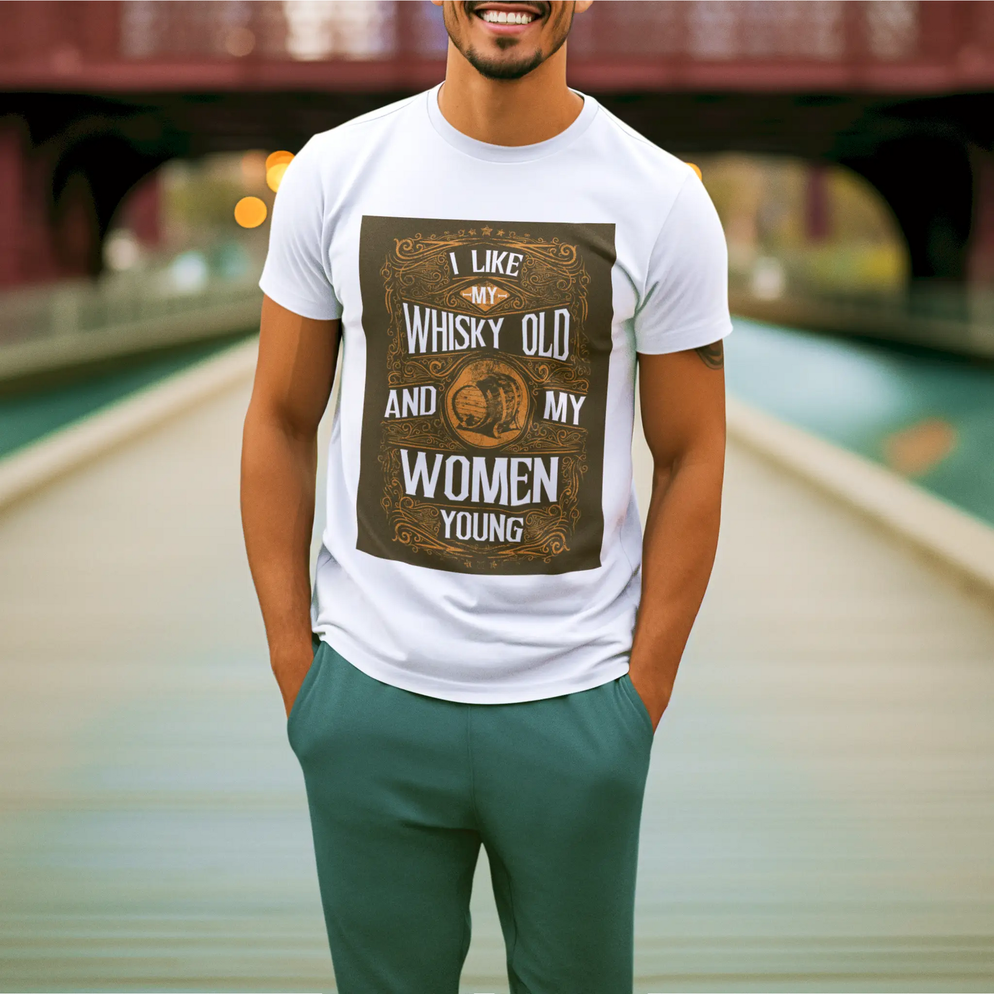 White t-shirt featuring bold “Less Talk More Whiskey” text – Λευκό μπλουζάκι με έντονο κείμενο “Less Talk More Whiskey
