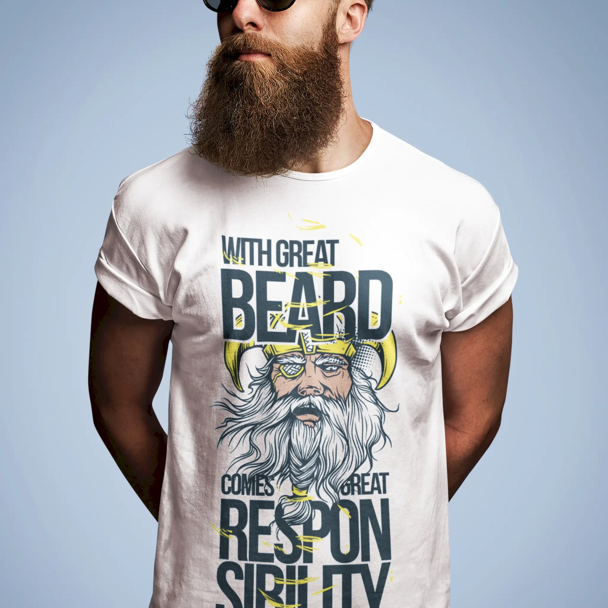 White t-shirt featuring grumpy Viking with large beard – Λευκό μπλουζάκι με κατσούφη βίκινγκ και μεγάλη γενειάδα