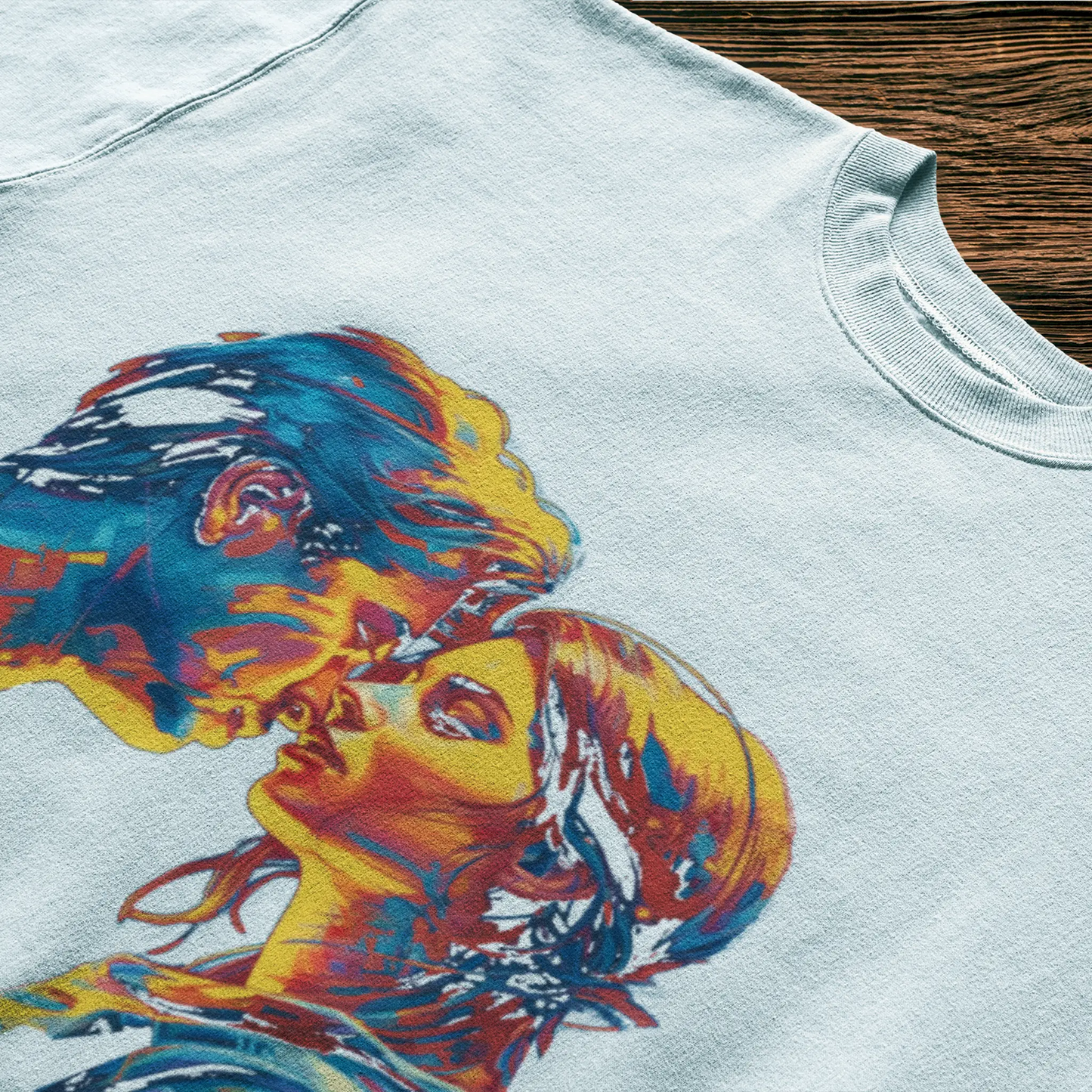 White t-shirt featuring modern love art in radiant colors – Λευκό t-shirt με σύγχρονη εικαστική αγάπη σε λαμπερά χρώματα.