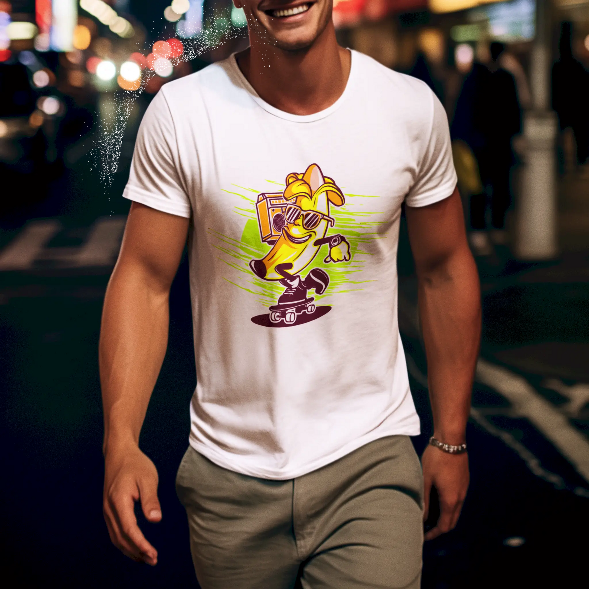 White t-shirt showcases a vibrant cartoon banana riding a scooter, playful and full of energy - Αυτό το λευκό μπλουζάκι προβάλλει μια ζωντανή καρτουνίστικη μπανάνα πάνω σε πατίνι, παιχνιδιάρικη και ενέργεια_result