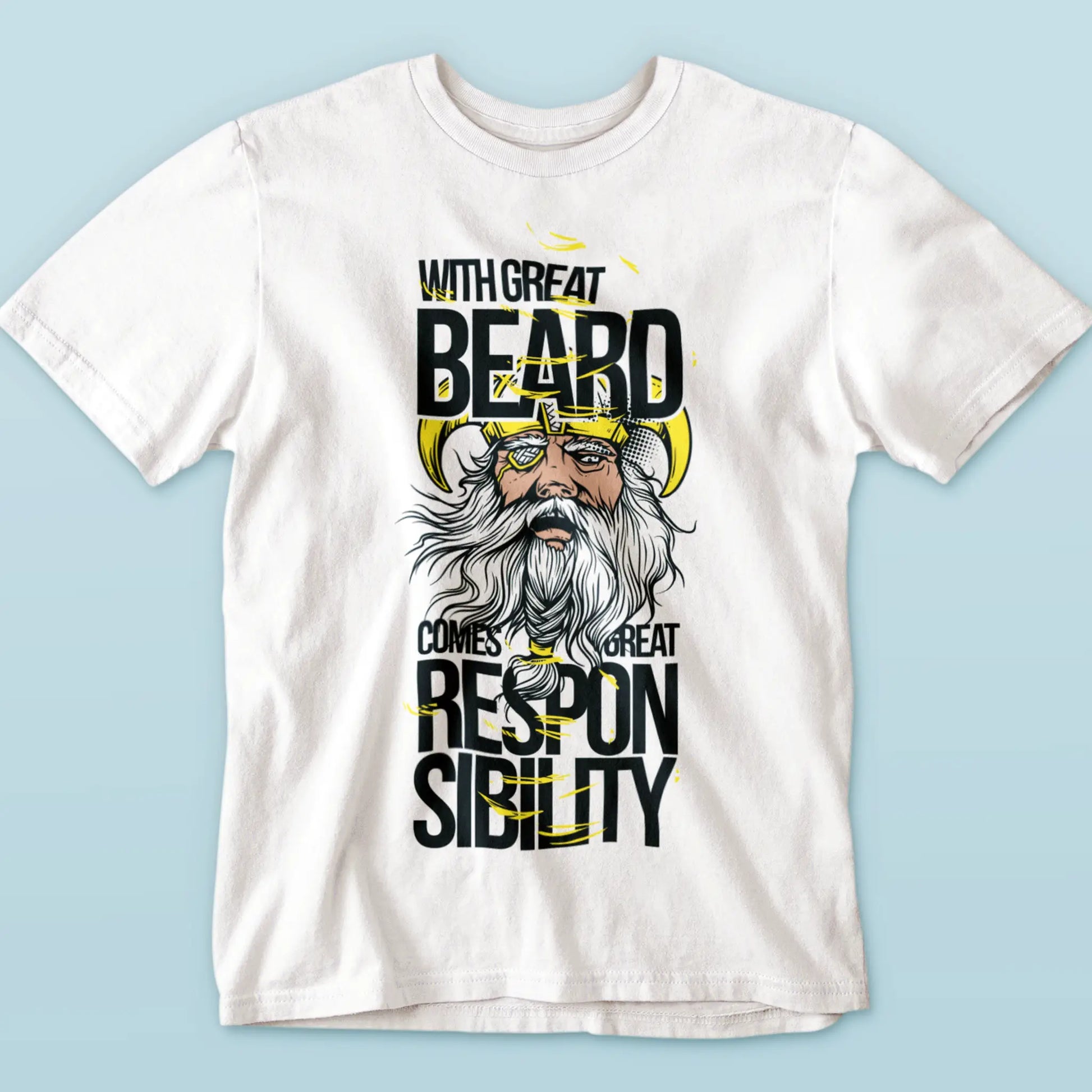 White t-shirt showing “With Great Beard Comes Great Responsibility” quote – Λευκό μπλουζάκι με τη φράση «Με Μεγάλη Γενειάδα Έρχεται Μεγάλη Ευθύνη»