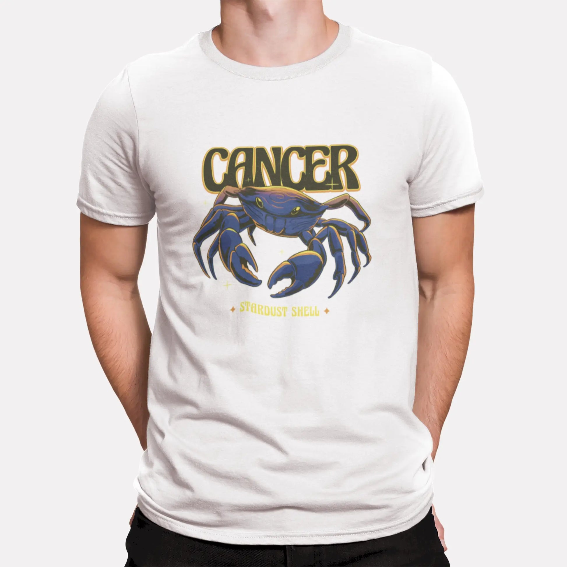 White t-shirt with Cancer zodiac crab Stardust Shell graphic, bold astrology design | Λευκή μπλούζα με καρκίνο ζώδιο καβούρι Stardust Shell, τολμηρό αστρολογικό σχέδιο