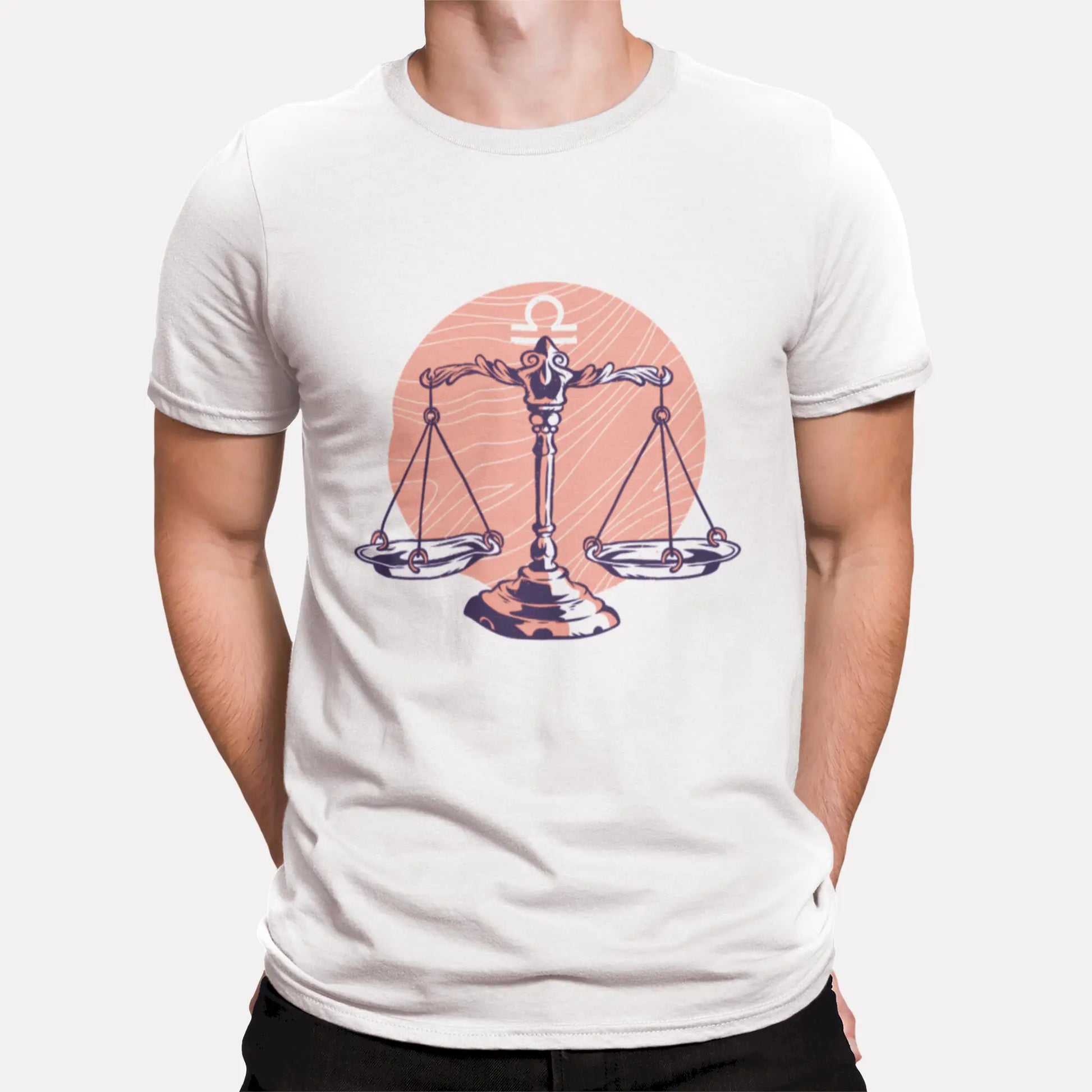 White t-shirt with Libra zodiac scales design for astrology lovers – Λευκό μπλουζάκι με σχέδιο Ζυγού και ζυγαριά για λάτρεις αστρολογίας,