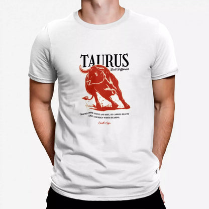 White t-shirt with Taurus ‘Built Different’ charging bull graphic – Λευκό t-shirt με Ταύρο ‘Built Different’ και δυναμικό ορμητικό ταύρο
