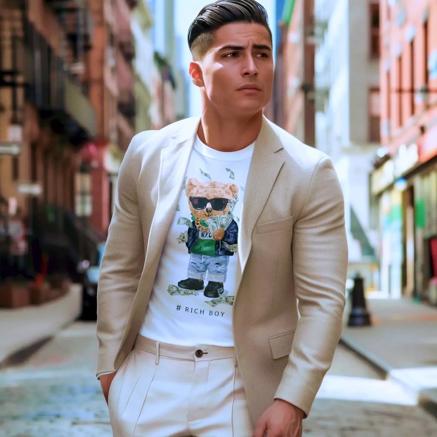 White t-shirt with a teddy bear wearing shades and a money gun, perfect for stylish flex looks – Λευκό t-shirt με αρκουδάκι που φορά γυαλιά και κρατά money gun, ιδανικό για εντυπωσιακά street looks