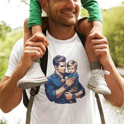 White t-shirt with artistic father and son illustration, symbolizing timeless love – Λευκό μπλουζάκι με καλλιτεχνική απεικόνιση πατέρα και γιου, σύμβολο αιώνιας αγάπης
