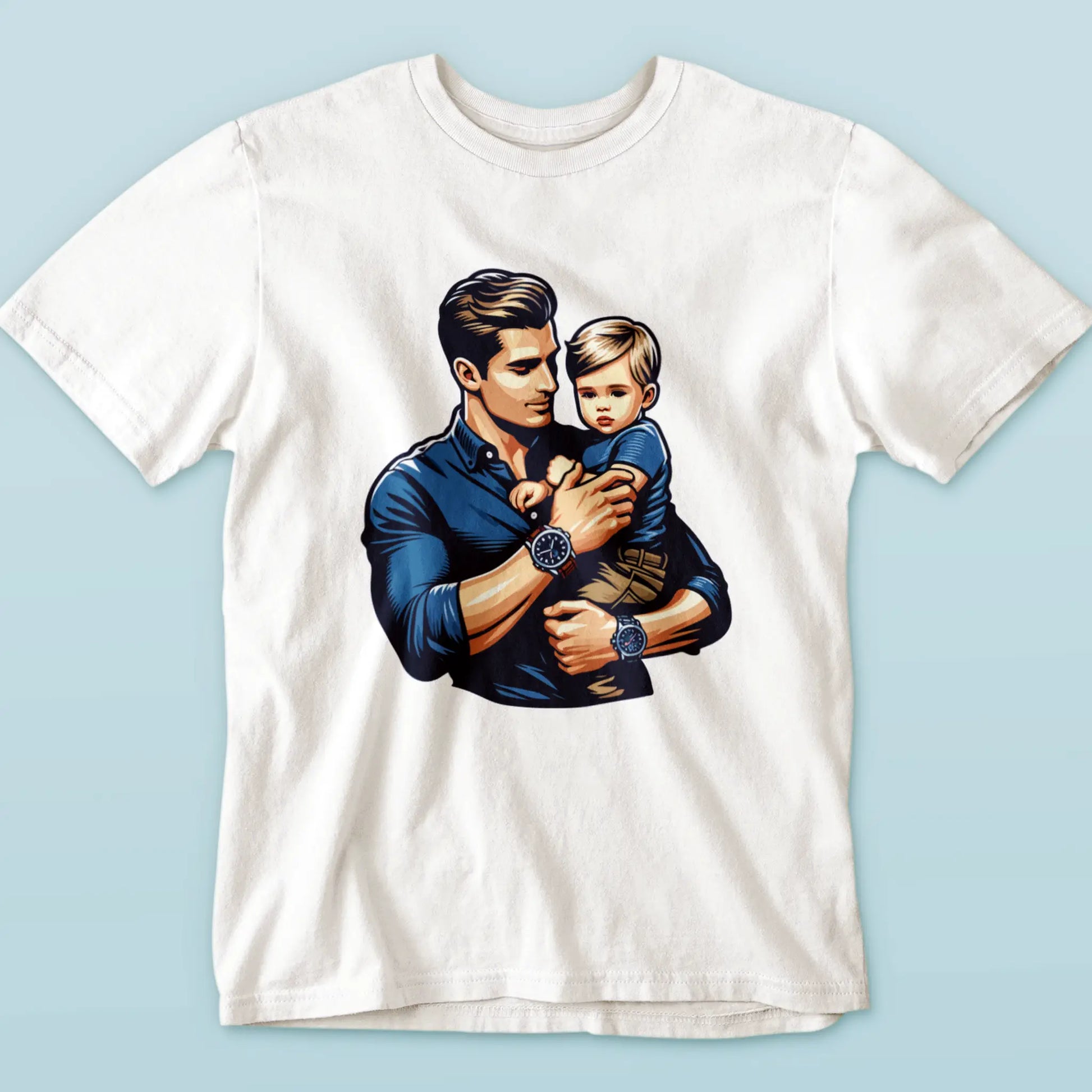 White t-shirt with bold father-son graphic art, celebrating fatherhood – Λευκό μπλουζάκι με έντονο γραφικό πατέρα-γιου, γιορτάζοντας την πατρότητα.