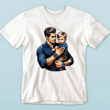 White t-shirt with bold father-son graphic art, celebrating fatherhood – Λευκό μπλουζάκι με έντονο γραφικό πατέρα-γιου, γιορτάζοντας την πατρότητα.