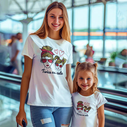 White t-shirt with mother & daughter wearing sunglasses and heart balloons, playful love – Λευκό μπλουζάκι με μαμά & κόρη με γυαλιά και μπαλόνια καρδιές, παιχνιδιάρικη αγάπη