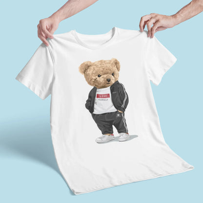 White t-shirt with sporty teddy bear wearing Love Yourself t-shirt – λευκό μπλουζάκι με αθλητικό αρκουδάκι και θετικό μήνυμα αυτοεκτίμησης