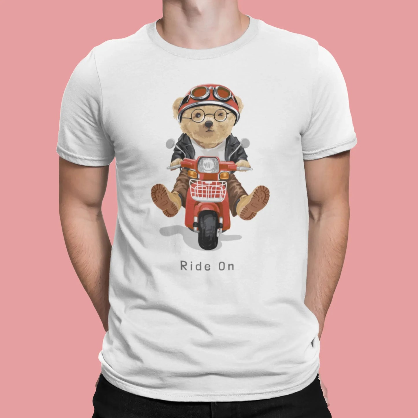 White t-shirt with scooter teddy bear illustration – λευκή μπλούζα με σχέδιο αρκούδου σε κόκκινη μηχανή