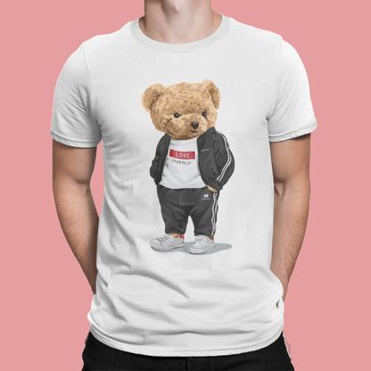 White t-shirt with sporty teddy bear wearing Love Yourself t-shirt – λευκό μπλουζάκι με αθλητικό αρκουδάκι και θετικό μήνυμα.