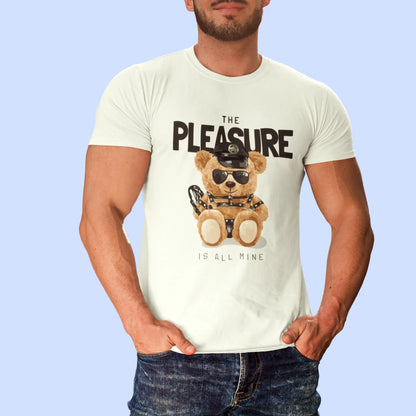 White t-shirt with teddy bear in leather harness and sunglasses – Λευκή μπλούζα με αρκουδάκι σε δερμάτινα και γυαλιά ηλίου.