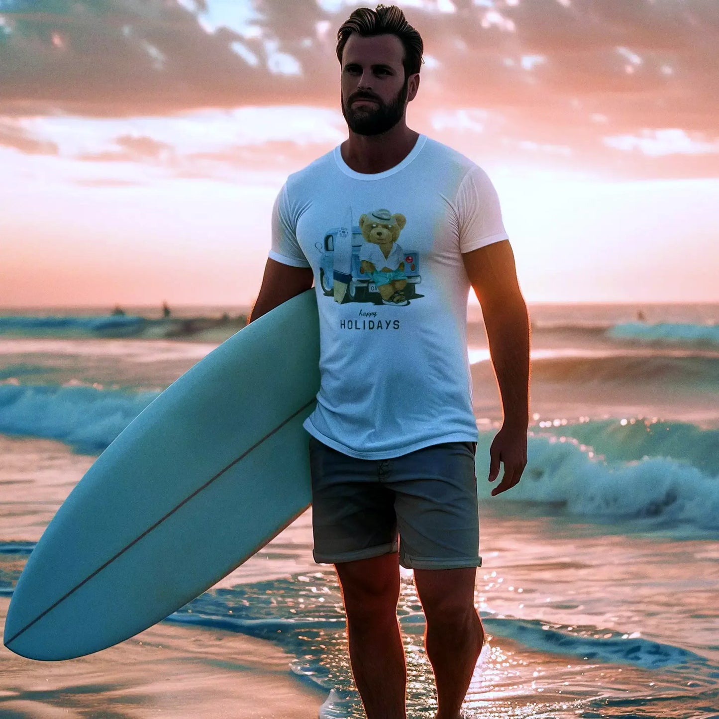 White t-shirt with teddy bear leaning on surf van and holding surfboard – Λευκή μπλούζα με αρκουδάκι σε beach van κρατώντας σανίδα του surf.