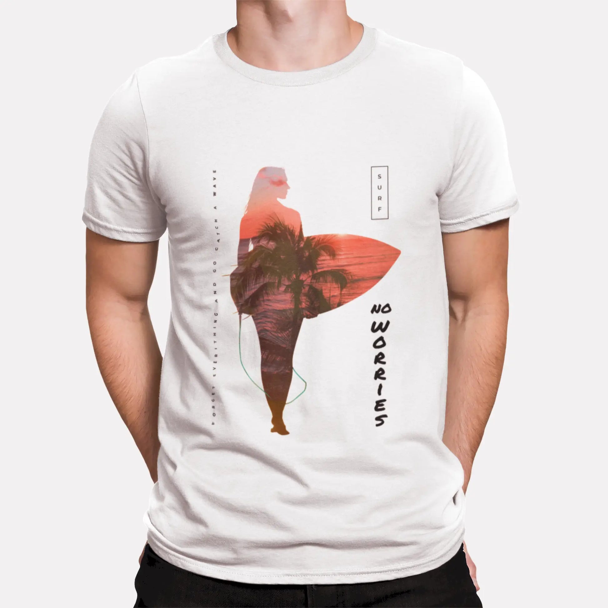 White Unisex t-shirt with tropical surf girl silhouette and sunset beach vibes – Λευκό t-shirt με σιλουέτα κοριτσιού σέρφερ και ατμόσφαιρα παραλίας στο ηλιοβασίλεμα