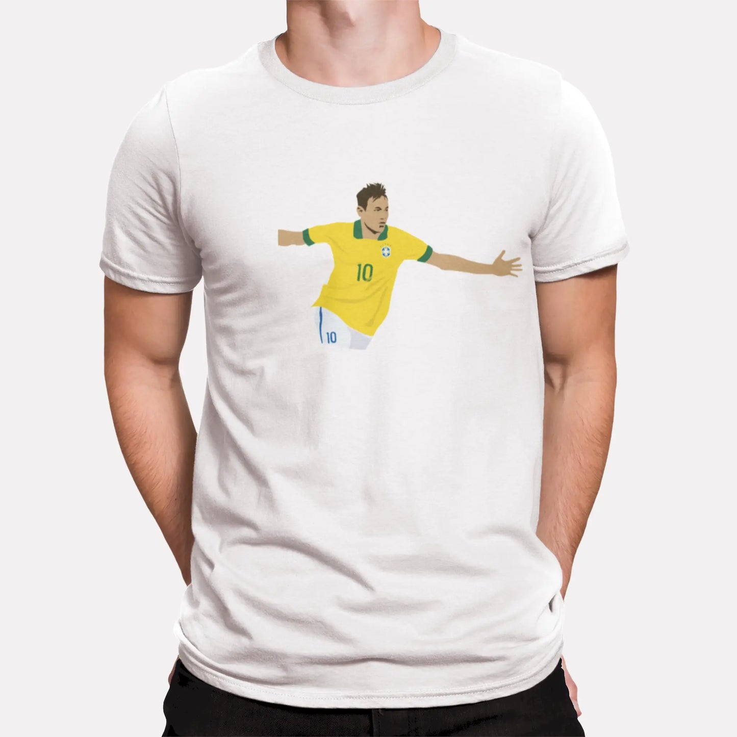 White t‑shirt showcasing a bold Neymar Jr. cartoon portrait for football fans. | Λευκή μπλούζα με τολμηρό cartoon πορτραίτο Neymar Jr. για φιλάθλους.