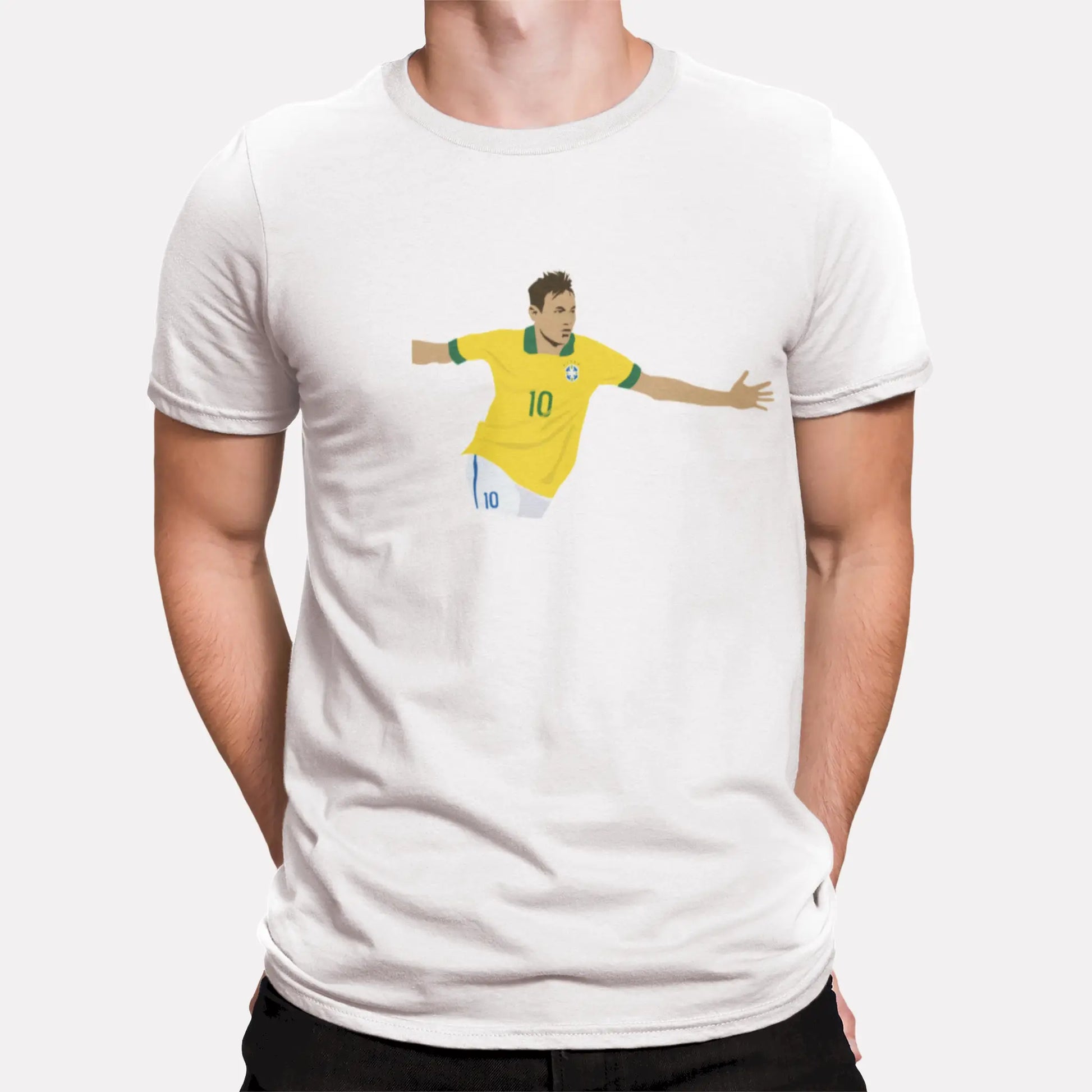 White t‑shirt showcasing a bold Neymar Jr. cartoon portrait for football fans. | Λευκή μπλούζα με τολμηρό cartoon πορτραίτο Neymar Jr. για φιλάθλους.
