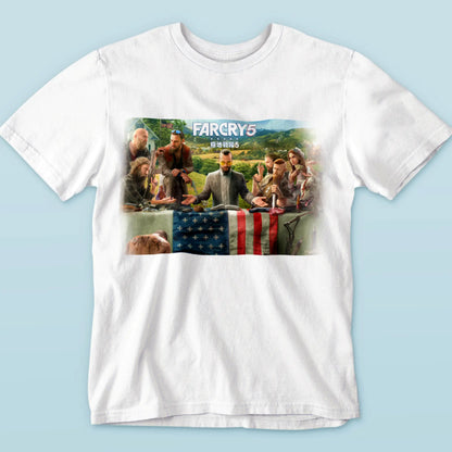 White t‑shirt with a vivid Far Cry 5 scene and star-accented logo in the center for standout gamer vibes – Λευκό μπλουζάκι με έντονη σκηνή Far Cry 5 και logo με αστέρια στο κέντρο για ξεχωριστό gaming ύφος.