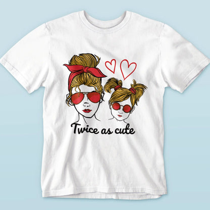 White tee featuring stylish sunglasses and pink hearts, mother & daughter bond – Λευκό μπλουζάκι με στιλάτα γυαλιά και ροζ καρδιές, δέσιμο μαμάς-κόρης