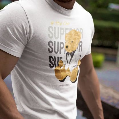 White tee showcasing a luxurious teddy bear design – Λευκό t-shirt με πολυτελές σχέδιο αρκουδάκι