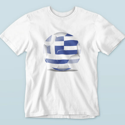 White tee with Greece-themed football ball, ideal for Euro match days – Λευκή μπλούζα με θέμα μπάλα Ελλάδας, ιδανική για μέρες αγώνα.