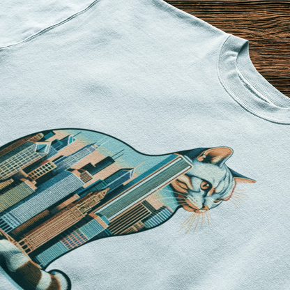 White tee with creative cat city design – Λευκό t-shirt με αστικό skyline μέσα σε γάτα, συνδυάζει τέχνη και streetwear