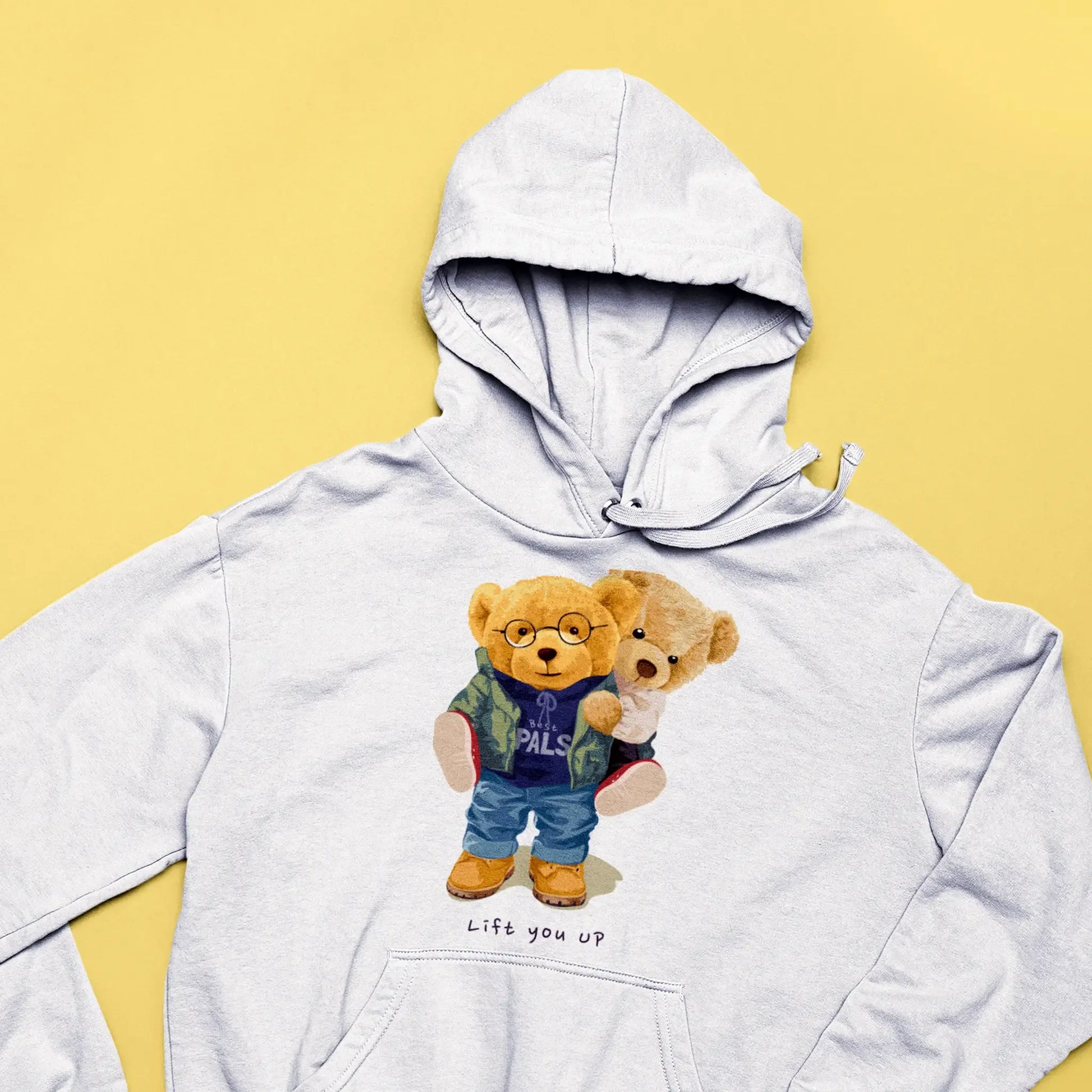 White unisex hoodie with friendship theme and cute teddy print – λευκή unisex ζακέτα με θέμα φιλίας.