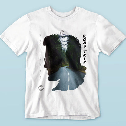 White wilderness art t-shirt featuring road trip through trees - φυσική ομορφιά σε λευκή κοντομάνικη μπλούζα για adventure seekers και nature photography fans