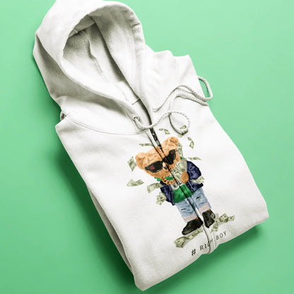 White zip-up hoodie with luxury teddy bear and cash gun illustration, ideal for modern streetwear – Λευκή ζακέτα με κουκούλα και αρκούδο με χρήματα, ιδανική για μοντέρνο streetwear