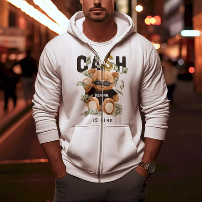 White zip-up hoodie with majestic bear clutching cash, ideal for laid-back rich streetwear – Λευκή ζακέτα με κουκούλα και φερμουάρ με μεγαλοπρεπή αρκούδο και χρήματα, ιδανική για πλούσιο streetwear