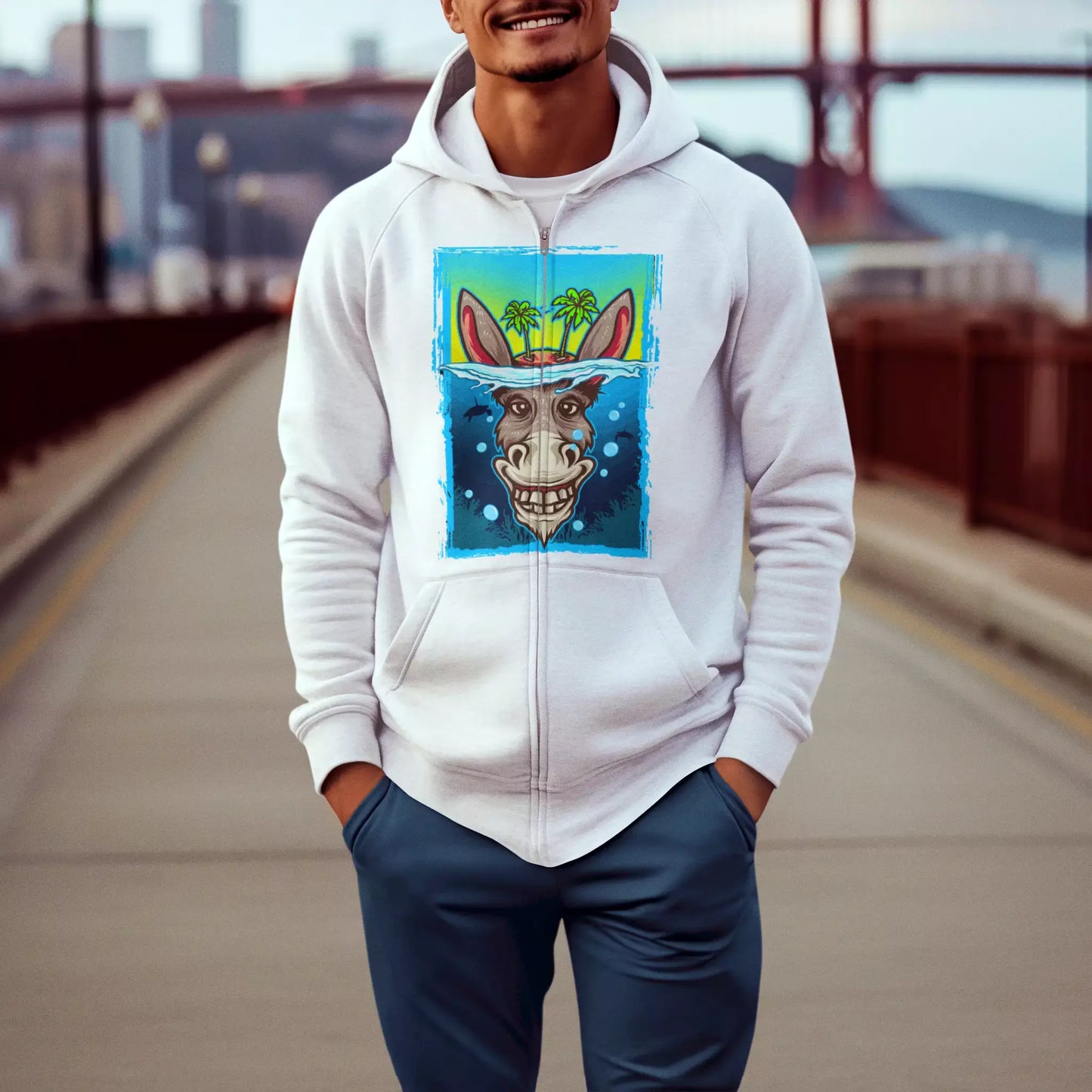 White zip-up with cartoon donkey and a bold message – Λευκή ζακέτα κουκούλα με cartoon γάιδαρο και δυνατό μήνυμα_