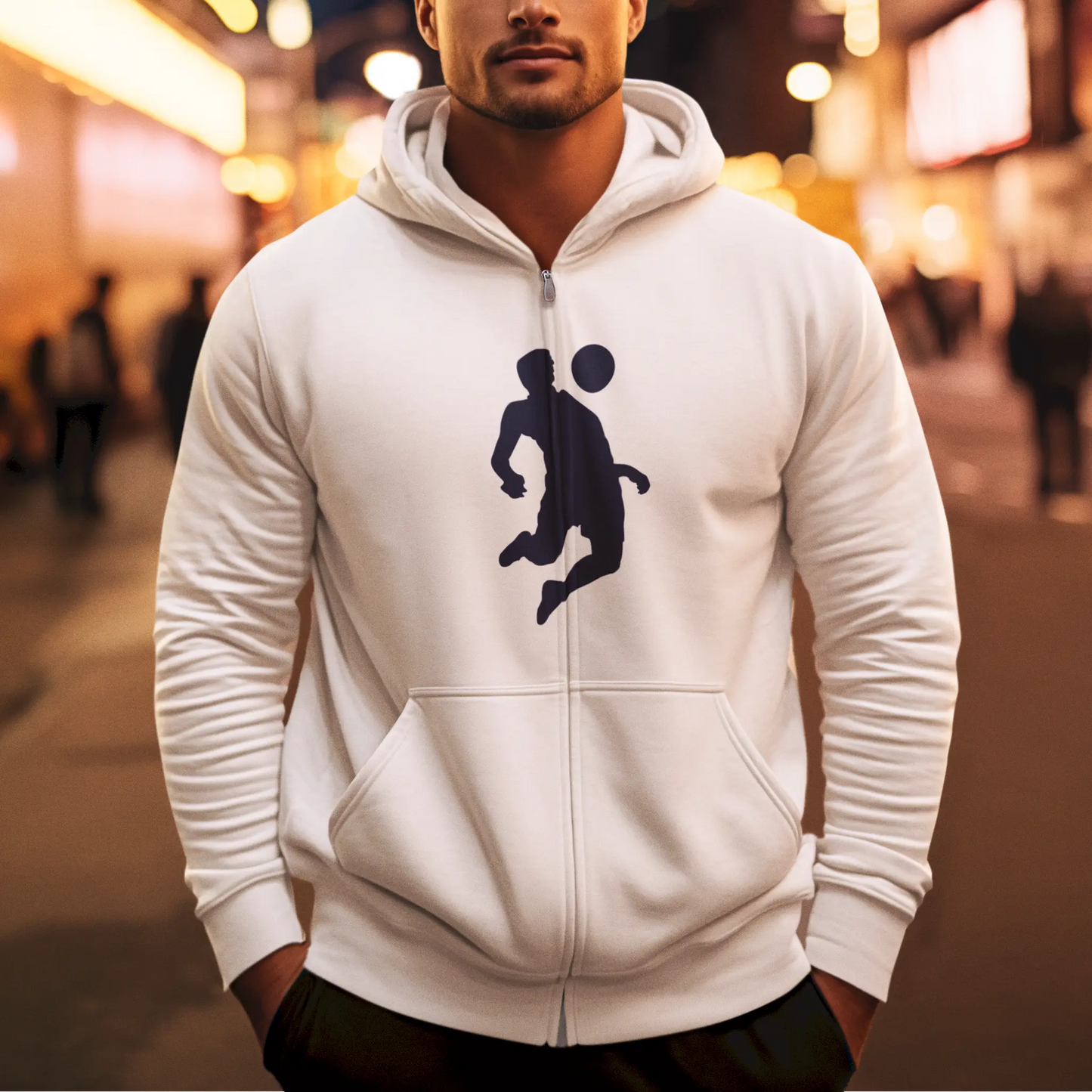 White zip hoodie με ποδοσφαιριστή σιλουέτα - clean athletic jacket για contemporary sports fashion