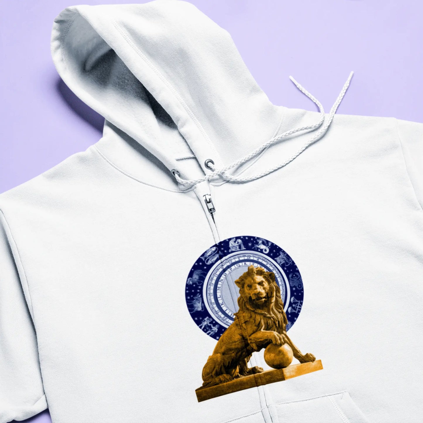 White zip hoodie Leo zodiac lion artwork – Λευκή ζακέτα με κουκούλα Λέων και σχέδιο λιονταριού