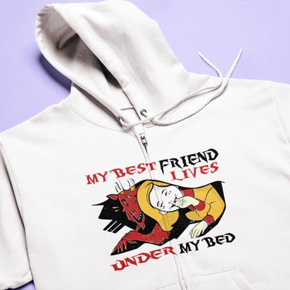 White zip hoodie displaying unconditional friendship that supports - Λευκή ζακέτα κουκούλα που εμφανίζει άνευ όρων φιλία και υποστηρίζει