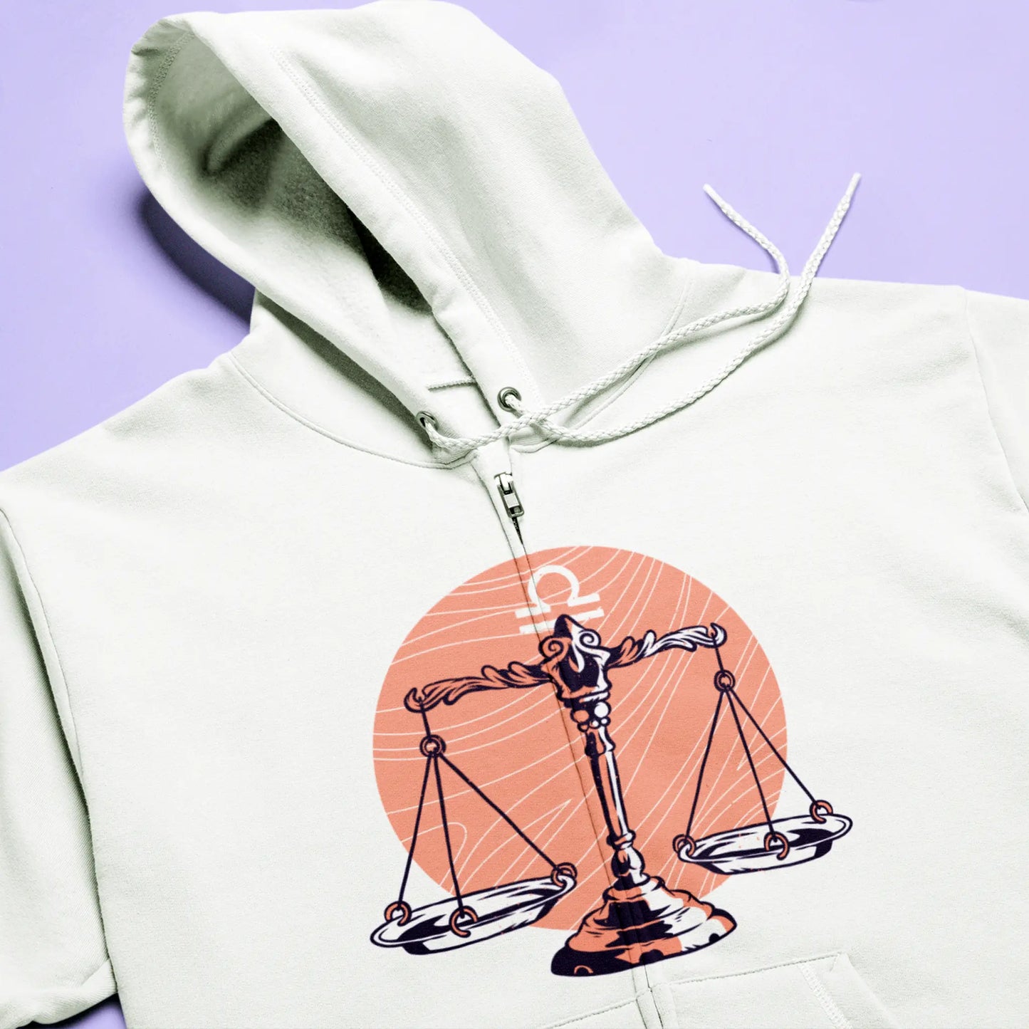 White zip hoodie featuring Libra zodiac symbol, perfect astrology gift – Λευκή ζακέτα με το ζώδιο του Ζυγού, ιδανική ως αστρολογικό δώρο,