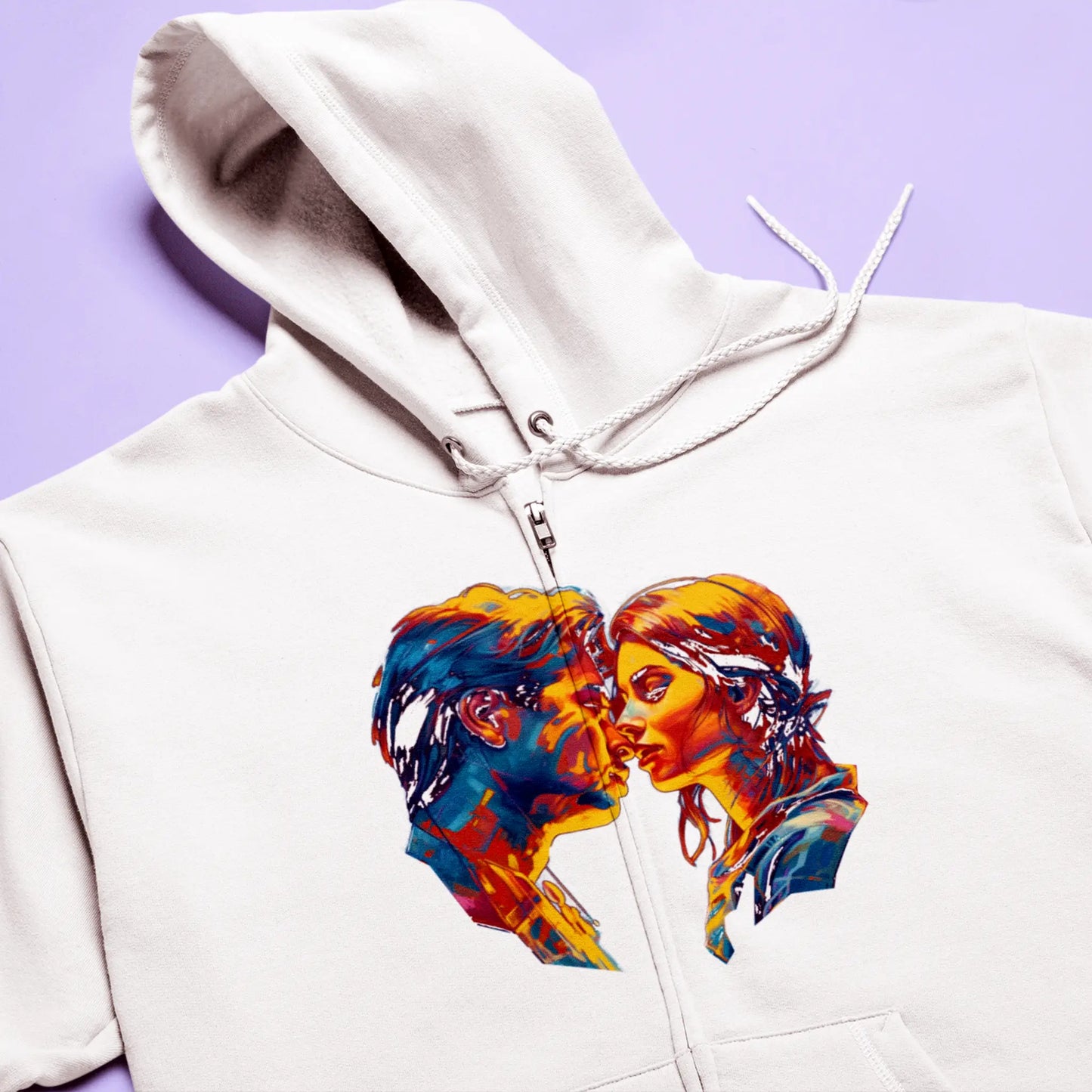White zip hoodie featuring a colorful romantic kiss illustration – Λευκή ζακέτα κουκούλα με πολύχρωμη ρομαντική εικονογράφηση φιλιού.