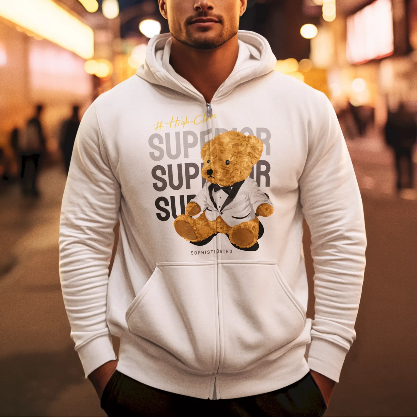 White zip hoodie featuring a refined teddy bear in a tuxedo – Λευκή ζακέτα με κουκούλα και φερμουάρ με εκλεπτυσμένο αρκουδάκι σε σμόκιν