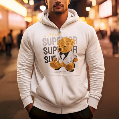 White zip hoodie featuring a refined teddy bear in a tuxedo – Λευκή ζακέτα με κουκούλα και φερμουάρ με εκλεπτυσμένο αρκουδάκι σε σμόκιν