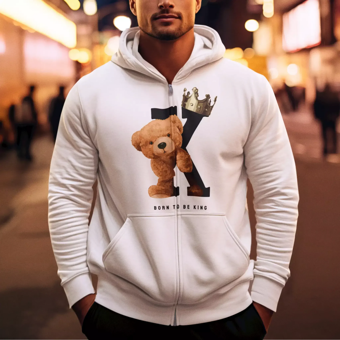 White zip hoodie featuring bold teddy king and golden crown – Λευκή ζακέτα με κουκούλα και σχέδιο teddy με χρυσή κορώνα