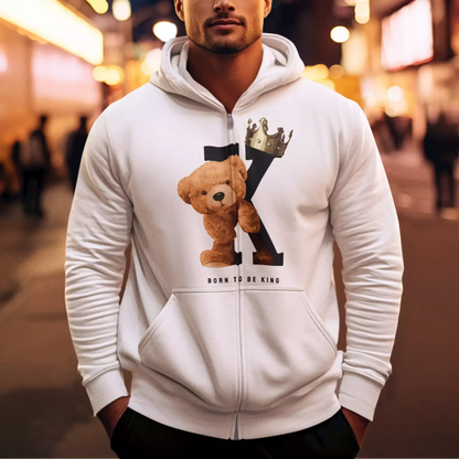 White zip hoodie featuring bold teddy king and golden crown – Λευκή ζακέτα με κουκούλα και σχέδιο teddy με χρυσή κορώνα