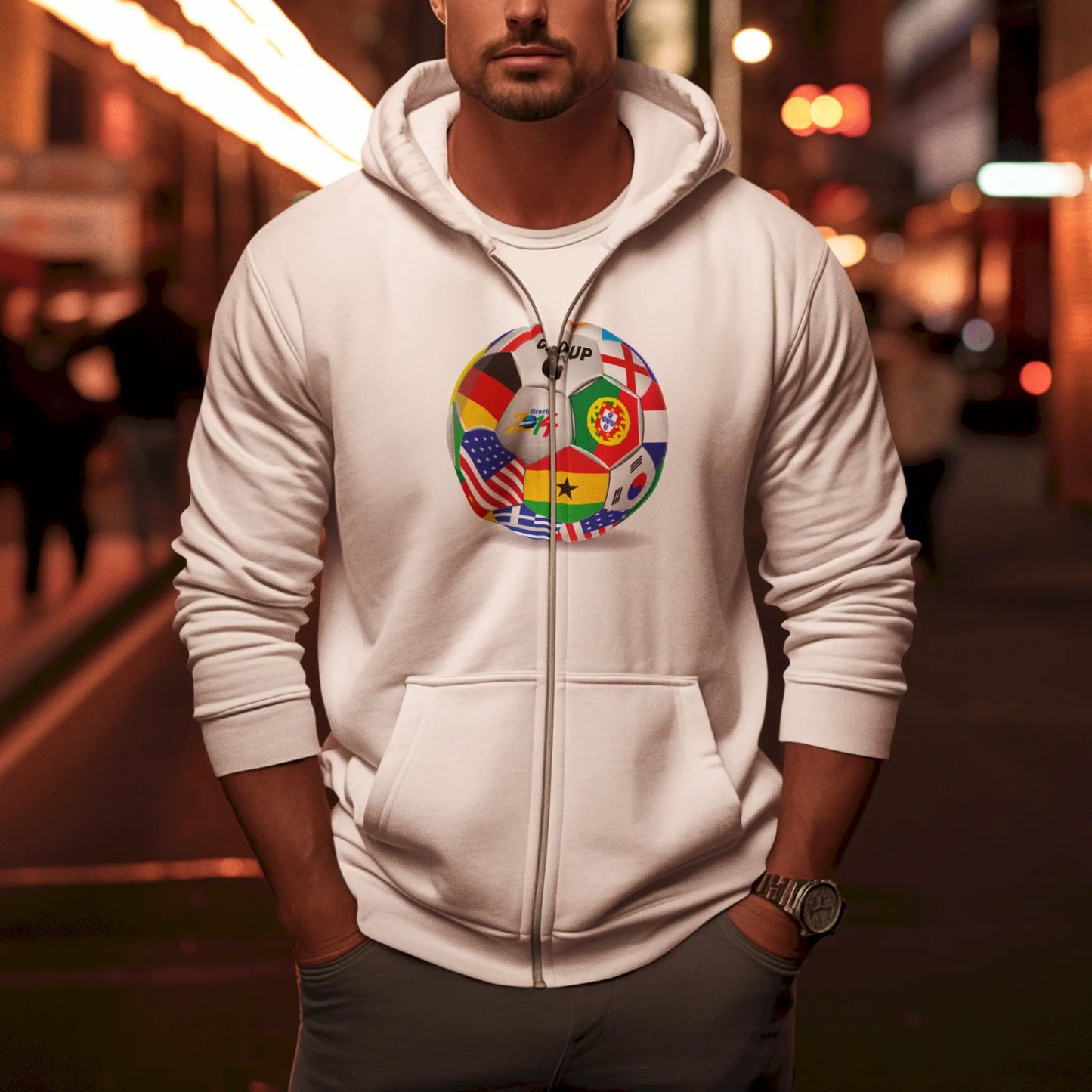 White zip hoodie featuring iconic World Cup Group G flags. | Λευκή ζακέτα με εμβληματικές σημαίες του Ομίλου G του Παγκοσμίου.