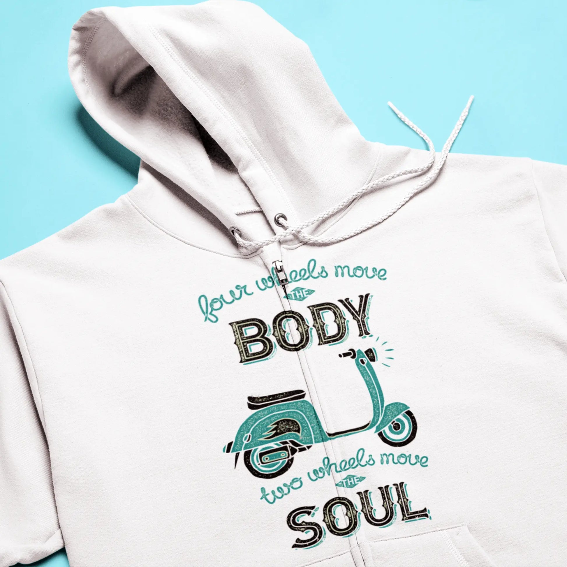 White zip hoodie jacket με vintage scooter graphic - Λευκή ζακέτα φούτερ με κλασικό σχέδιο σκούτερ