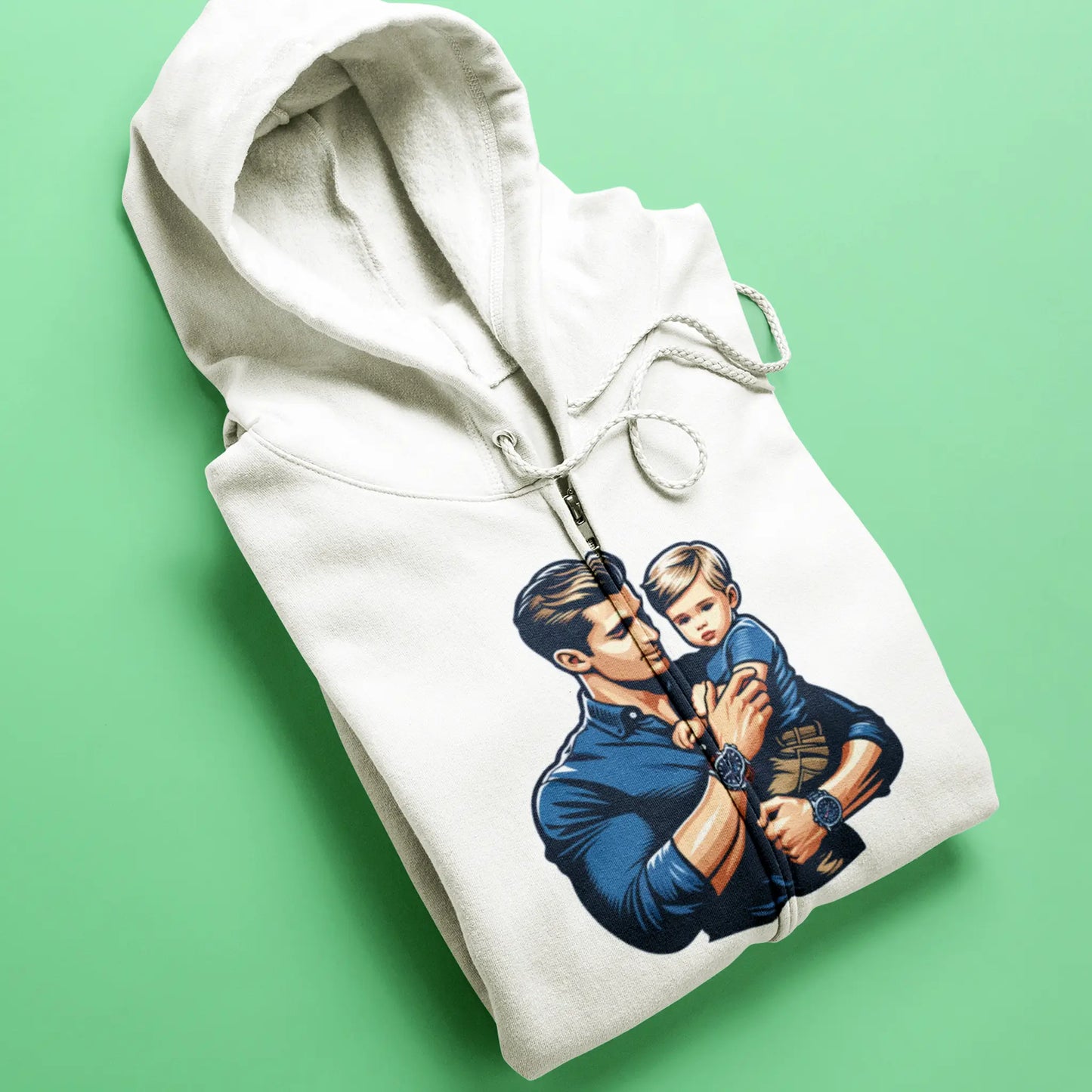 White zip hoodie perfect for Father’s Day celebration – Λευκή ζακέτα με κουκούλα, ιδανική για την Ημέρα του Πατέρα.