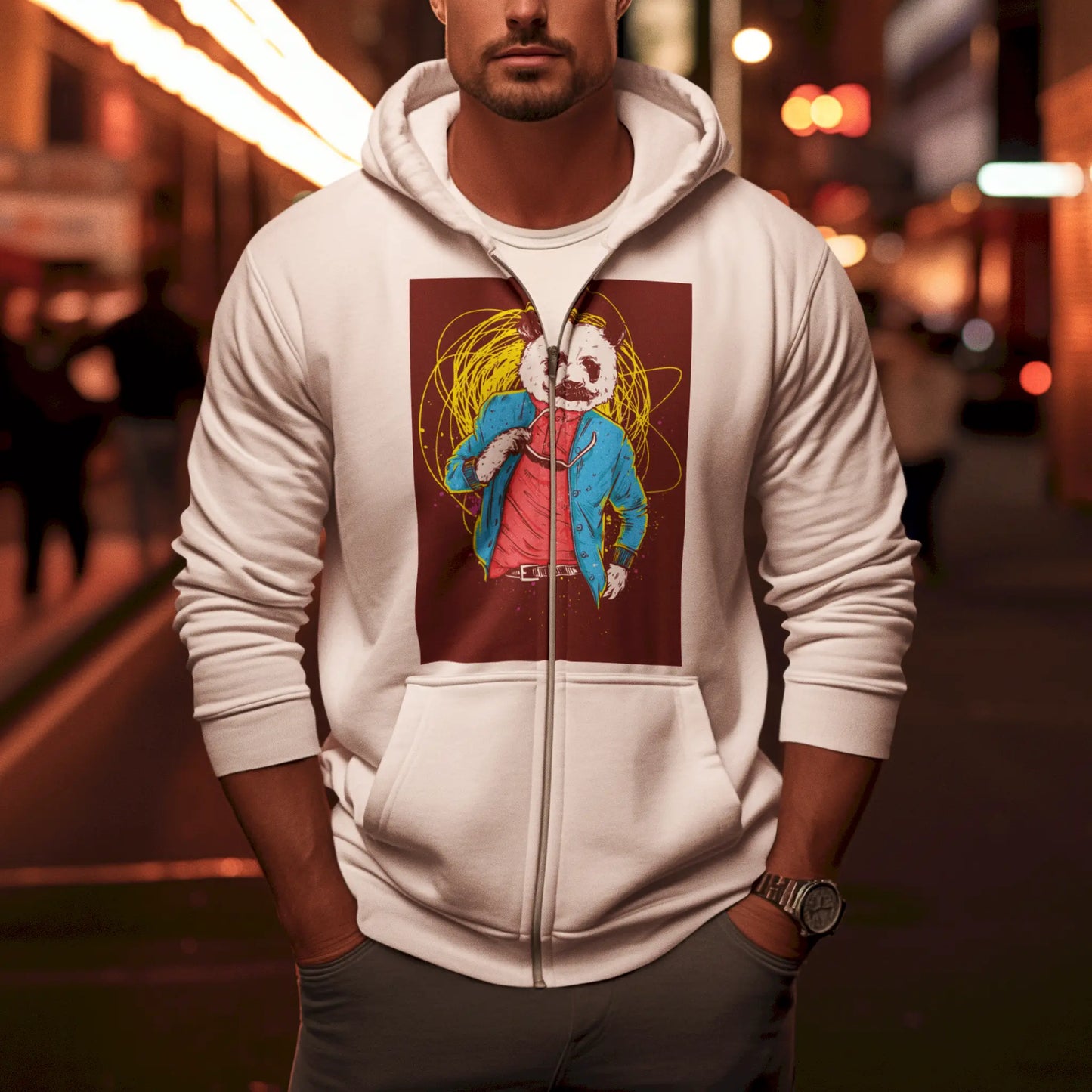 White zip hoodie showing a composed panda with peaceful posture – Λευκό zip hoodie με πάντα σε ήρεμη και συγκροτημένη στάση