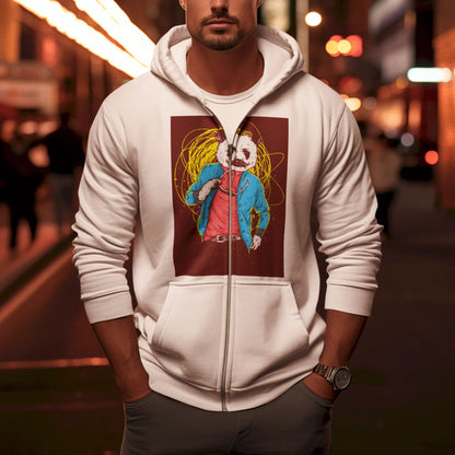 White zip hoodie showing a composed panda with peaceful posture – Λευκό zip hoodie με πάντα σε ήρεμη και συγκροτημένη στάση