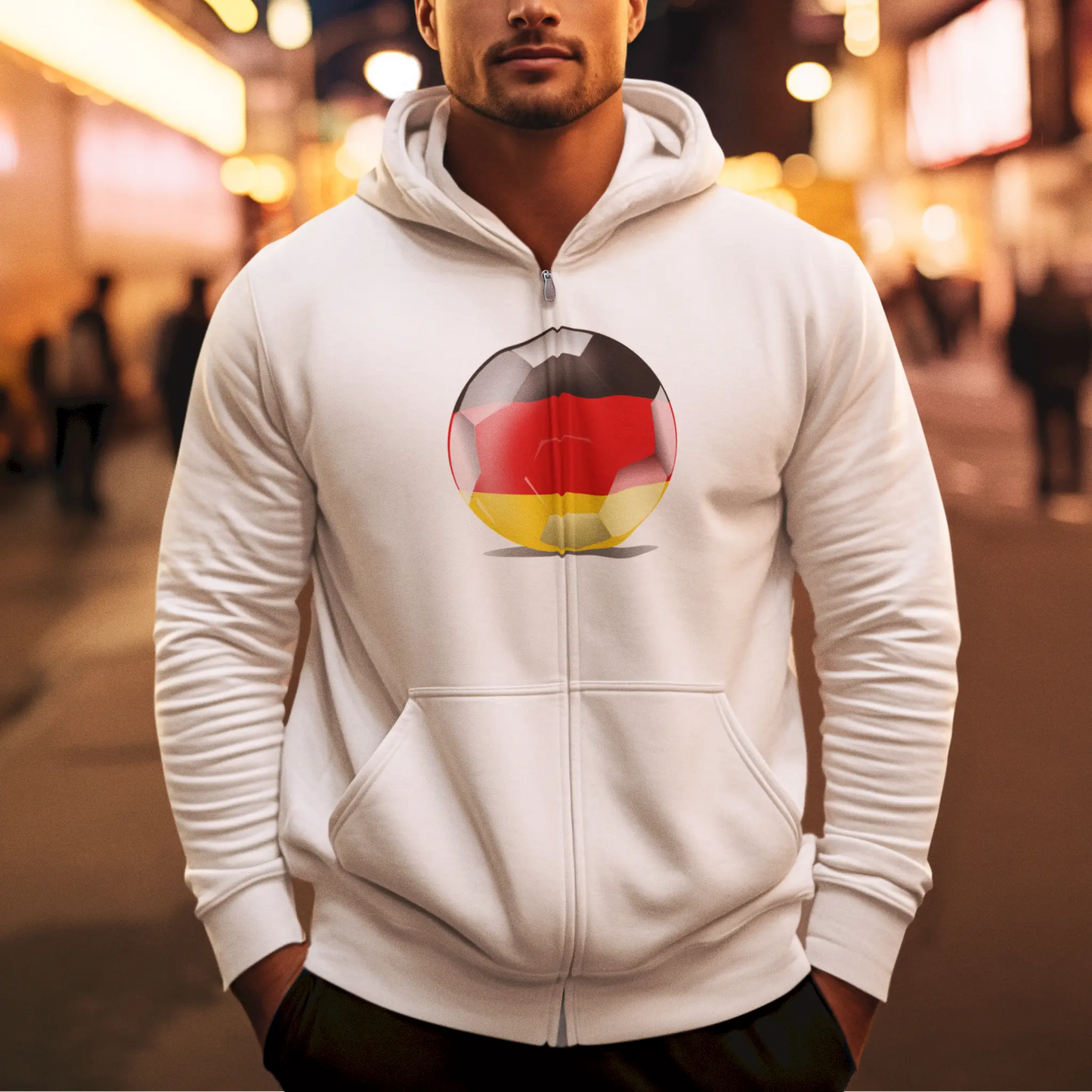 White zip hoodie with German flag soccer design – light and stylish.
Λευκό zip hoodie με σχέδιο ποδοσφαίρου γερμανικής σημαίας – ελαφρύ και στυλάτο.
