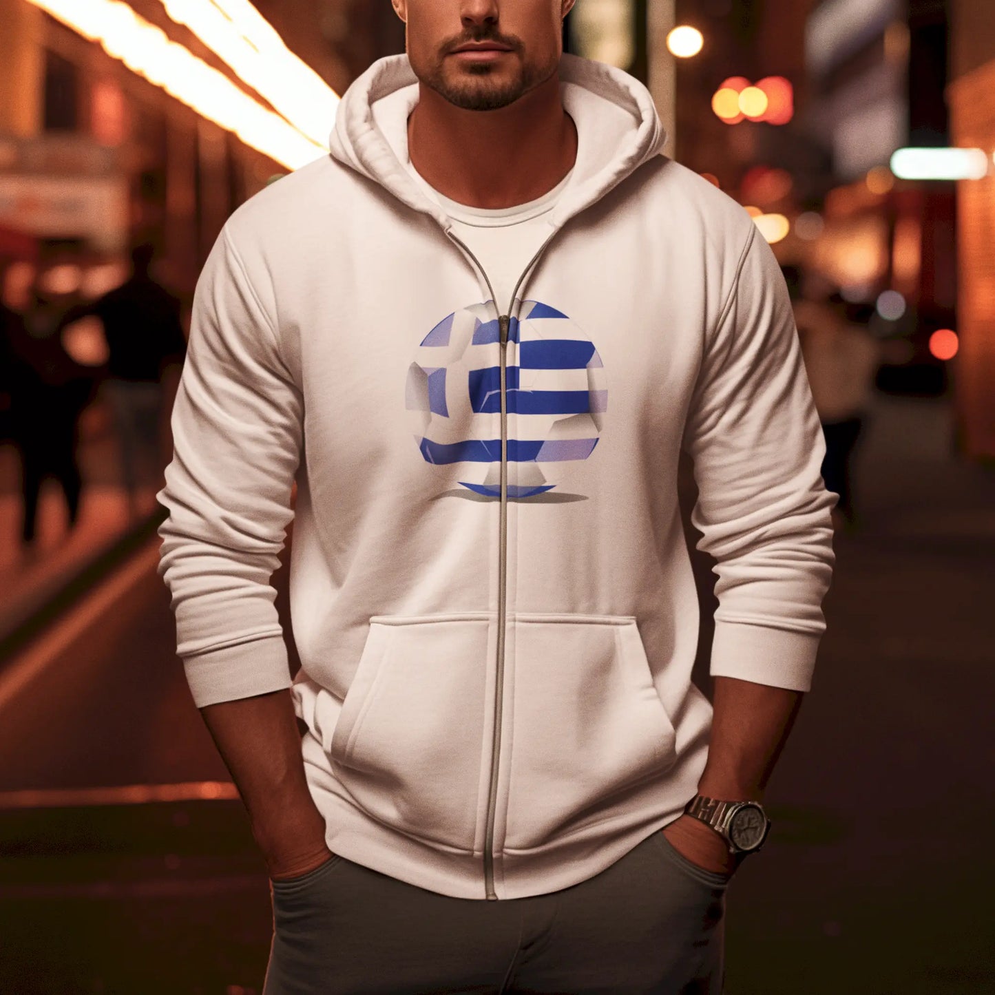 White zip hoodie with centered Greek flag football ball print – Λευκό zip hoodie με κεντρικό print μπάλας με ελληνική σημαία.